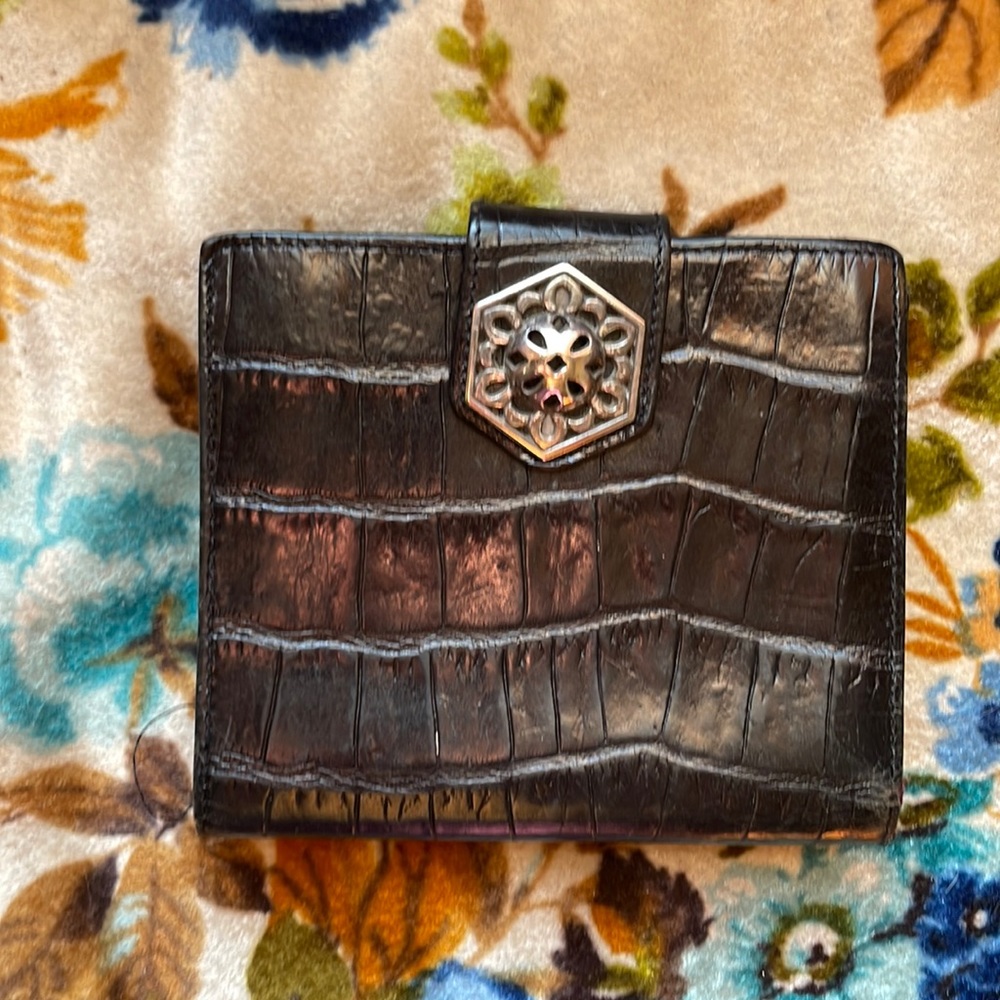 Vintage black leather bifold  wallet with flower silver detail